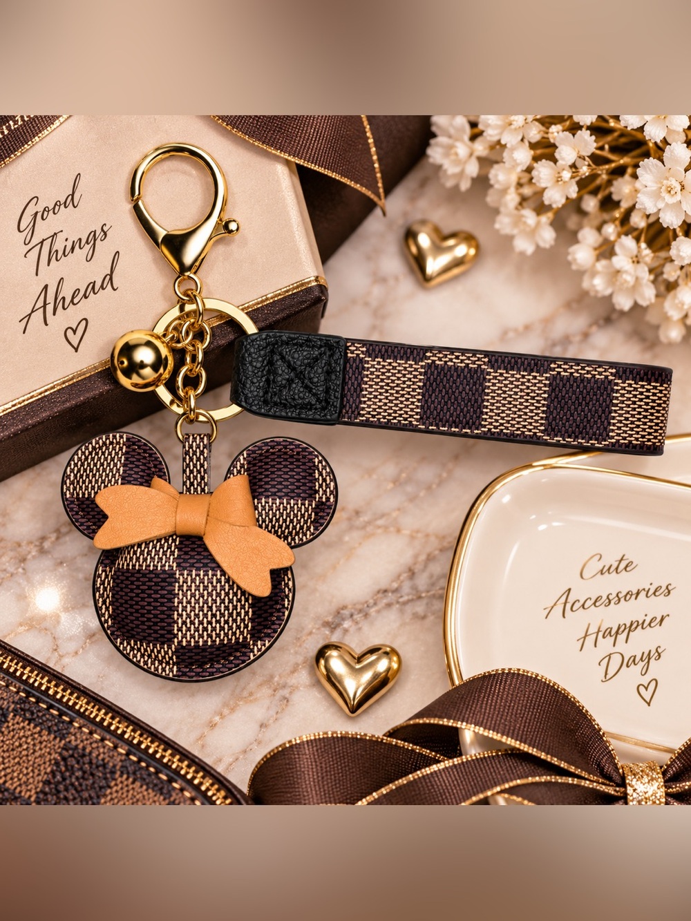 Disney Minnie Mouse Brown Leather Bow Gingham Keychain